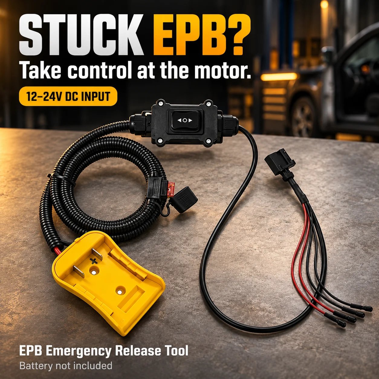 EPB release tool with yellow battery interface, rocker controller and motor leads