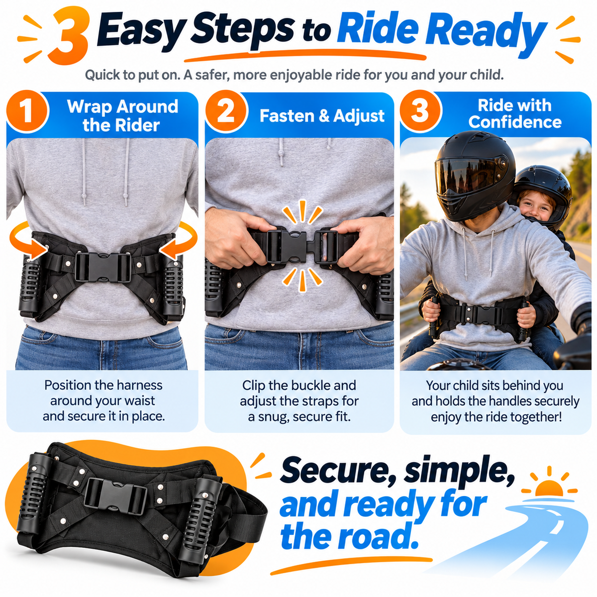 RideBuddy™ Child Passenger Grip Support – Adjustable Padded Motorcycle Rider Belt with Side Handles