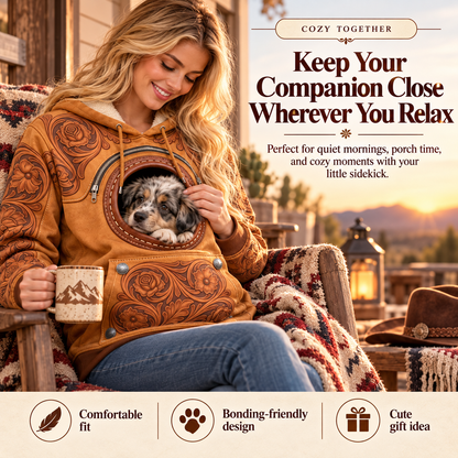Western Pet Carrier Hoodie for Women, Cozy Hooded Sweatshirt with Built-In Pet Pouch & Viewing Window, Hands-Free Carrying Hoodie for Small Dogs, Cats & Puppies