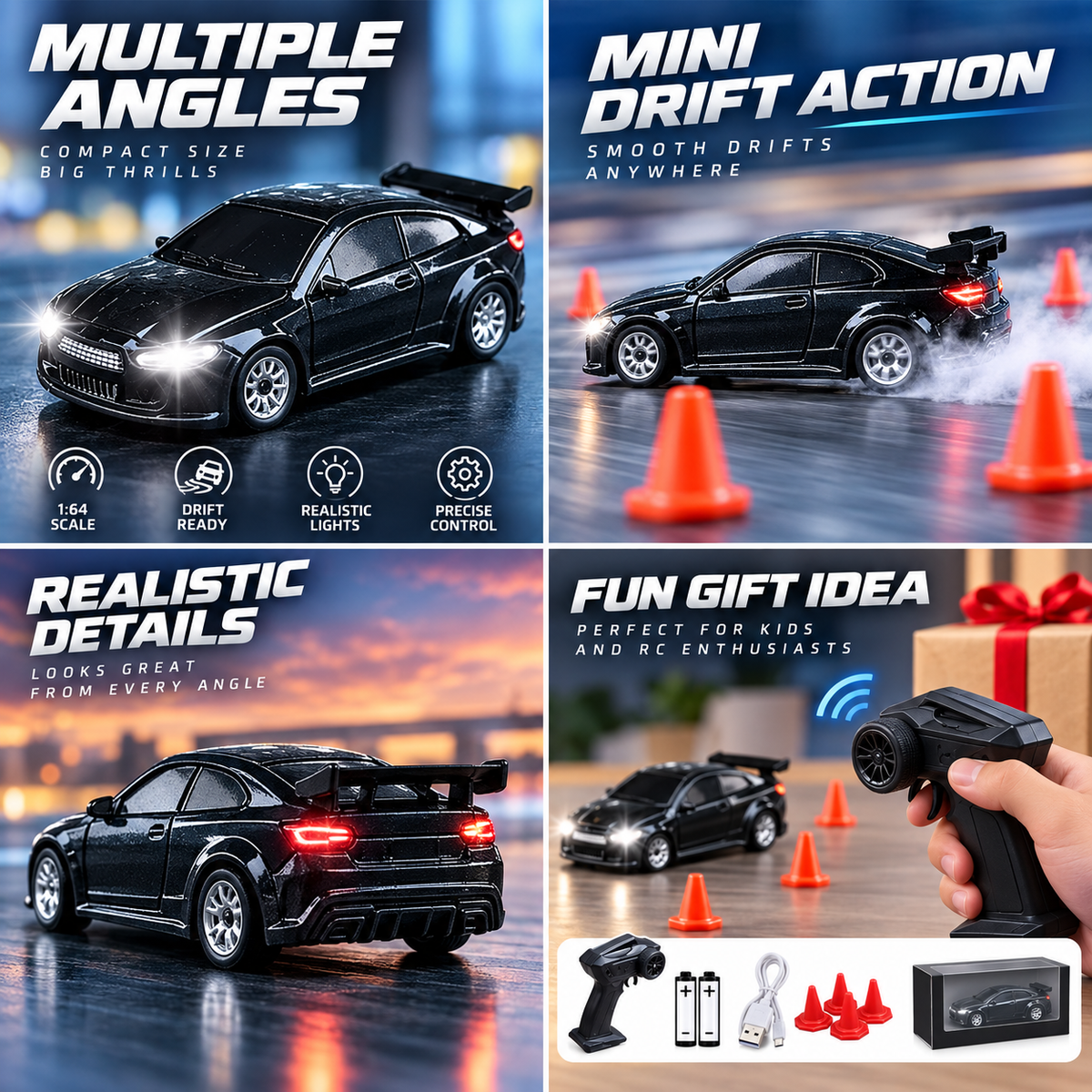 Mini RC drift car shown from multiple angles drifting around cones and operated by remote control