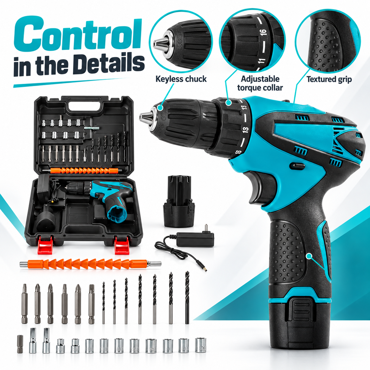 Close-up of cordless drill chuck, adjustment collar and grip