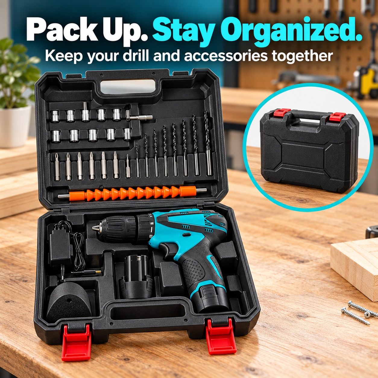 Cordless drill and accessories arranged inside a storage case