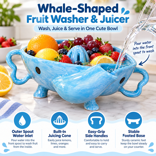 Ceramic Fruit Washer Bowl – Fruit Rinsing & Serving Bowl with Water Inlet Spout, Easy-Grip Handles and Stable Base for Kitchen Use