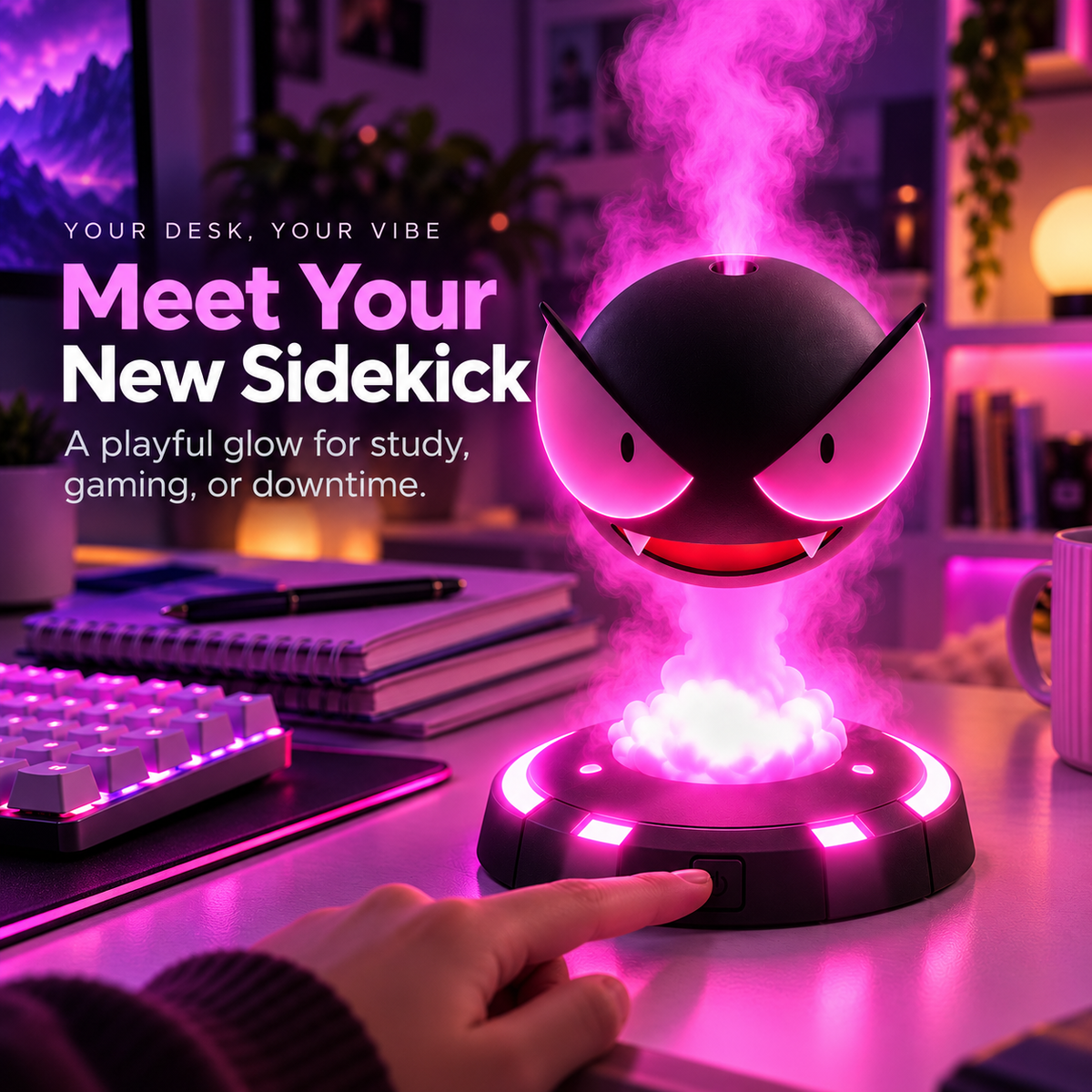 GlowMist diffuser in a cozy study and desktop scene