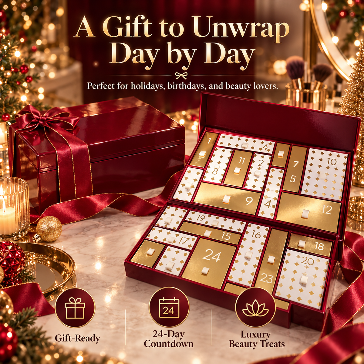 💄 LuxeVault™ 24-Day Beauty Advent Calendar – Luxury Countdown Gift Box with Reusable Storage Case