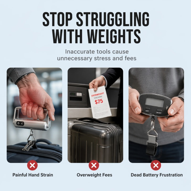 Common luggage weighing problems including hand strain and overweight baggage