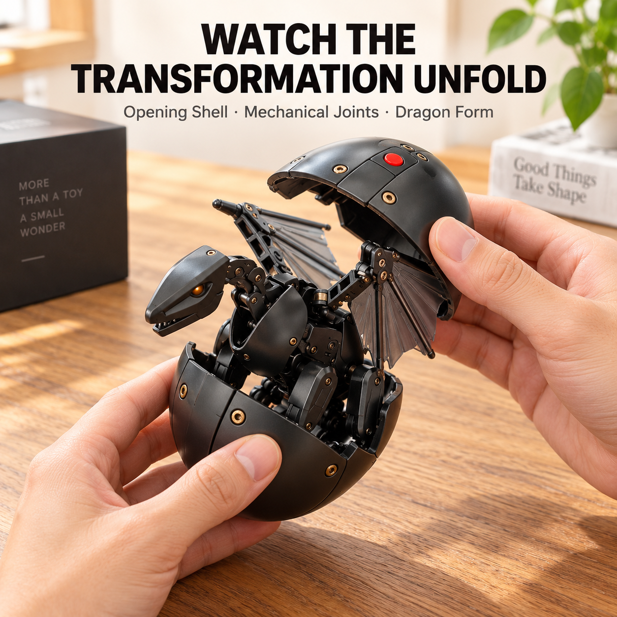 Hands demonstrating the mechanical dragon emerging from the egg-shaped shell