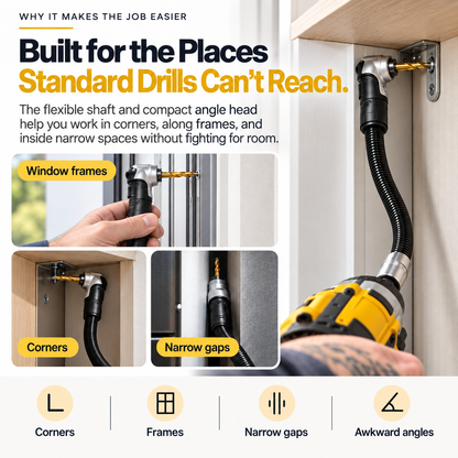 90° Right Angle Drill Adapter™ – Reach Tight Spaces Faster | Flexible Extension Shaft for Effortless Drilling
