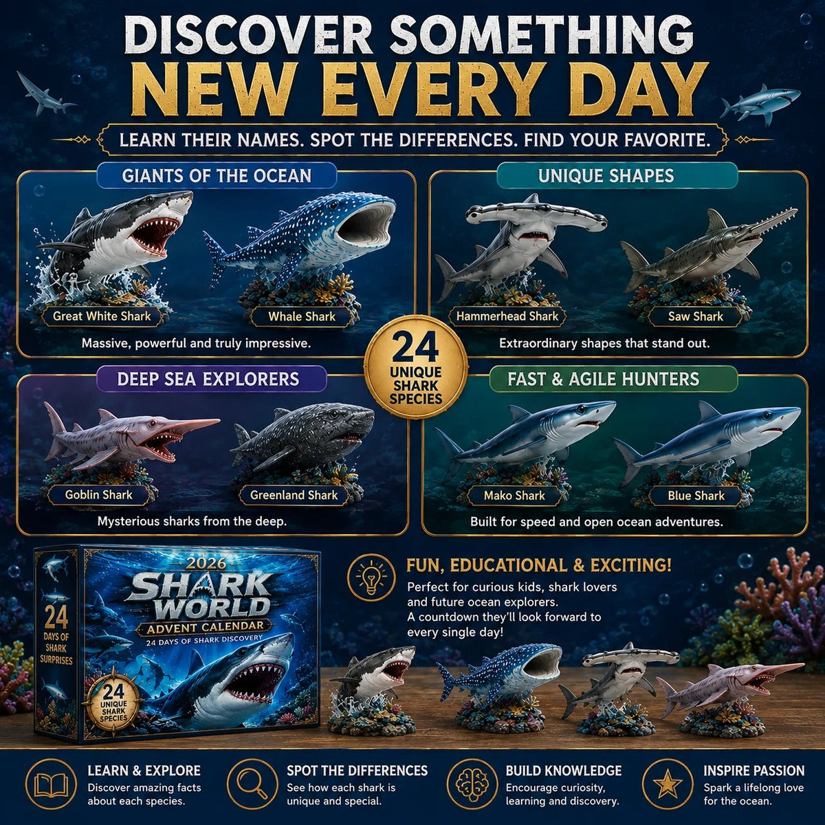 Shark discovery chart comparing different shark shapes including great white whale hammerhead and goblin inspired designs