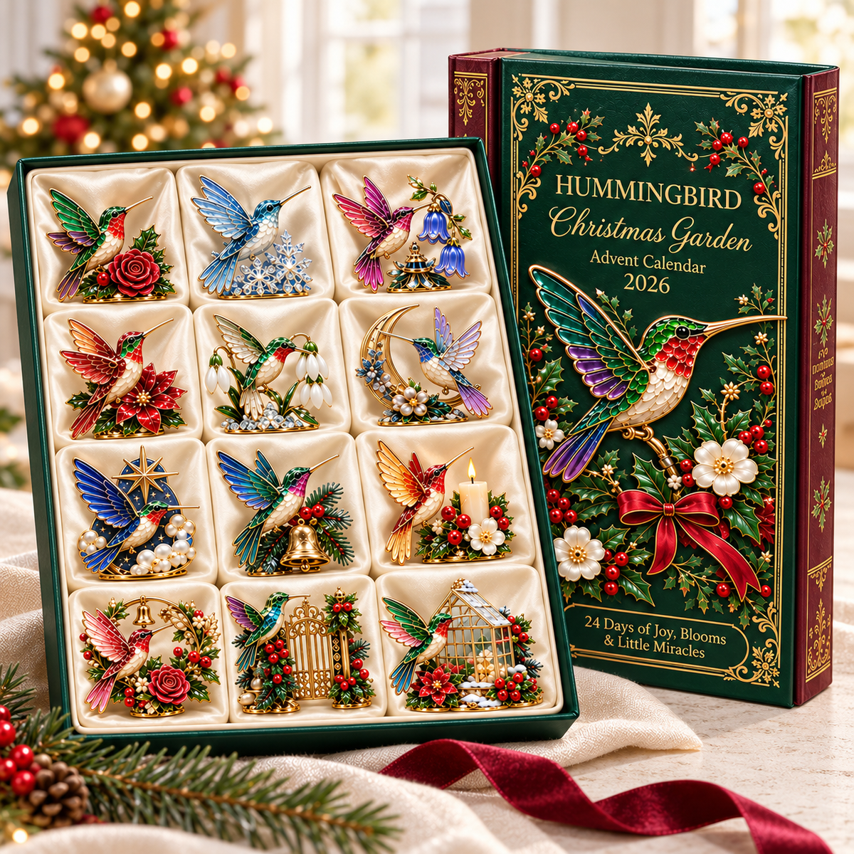 Hummingbird Christmas Garden 2026 calendar beside colorful bird and flower collectibles