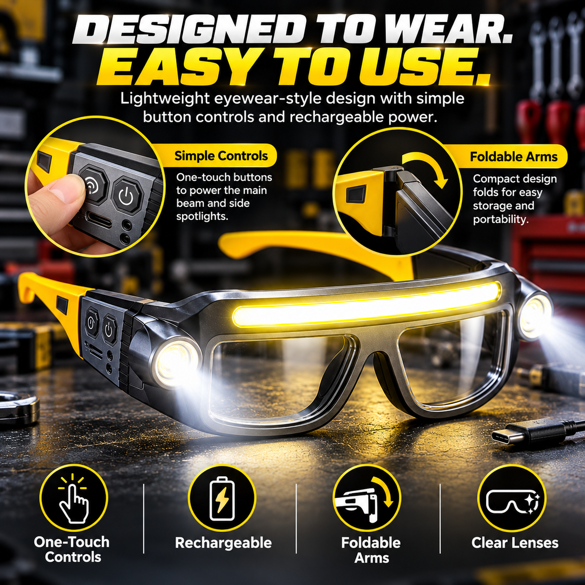 🔦 BrightSight™ Hands-Free LED Work Glasses – Wide Beam Lighting for Repairs, DIY & Night Work