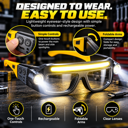 🔦 BrightSight™ Hands-Free LED Work Glasses – Wide Beam Lighting for Repairs, DIY & Night Work