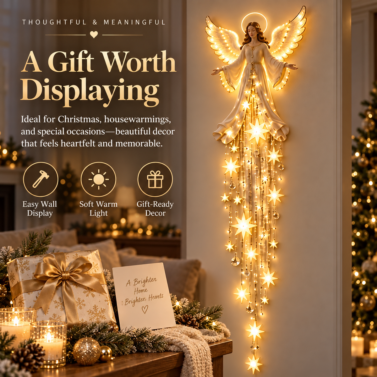 Christmas Angel Wall Light Decor, Warm LED Lighted Angel with Hanging Star Lights, Elegant Holiday Wall Decoration for Home, Living Room, Bedroom & Entryway