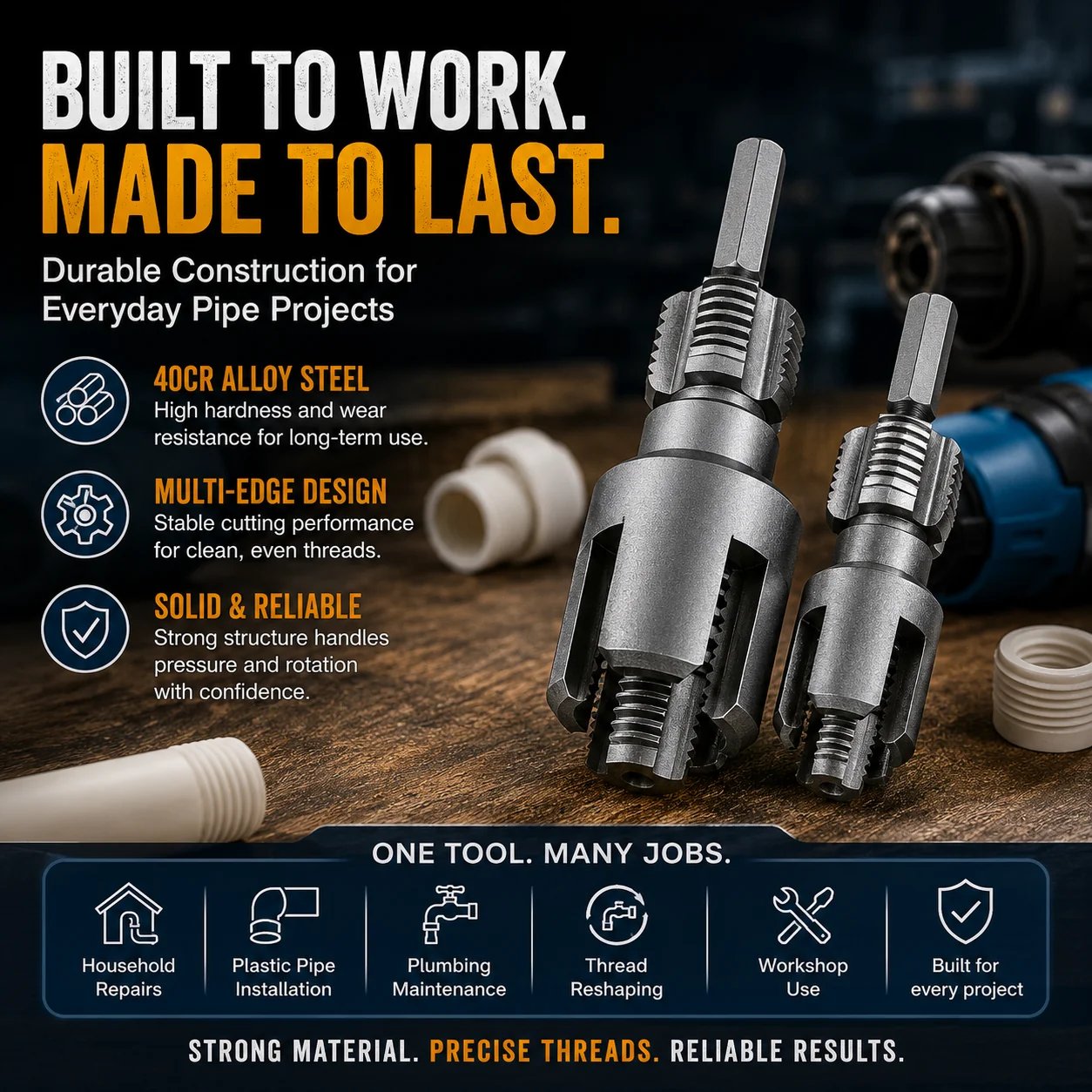 🔥HOT SALE🔥📍Drill-Powered Pipe Thread Cutting Bit — Internal & External Threading for 1/2' & 3/4' Plastic Pipes
