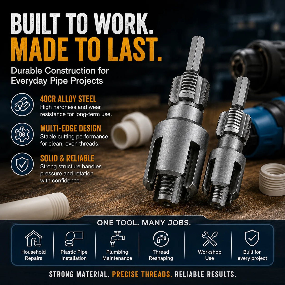 🔥HOT SALE🔥📍Drill-Powered Pipe Thread Cutting Bit — Internal & External Threading for 1/2' & 3/4' Plastic Pipes