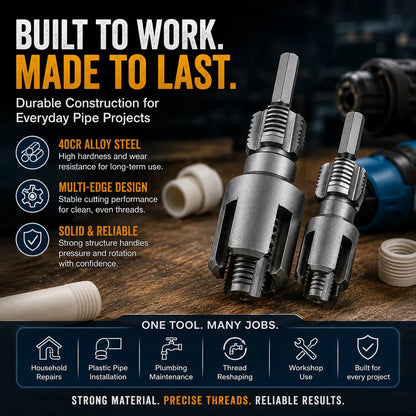 🔥HOT SALE🔥📍Drill-Powered Pipe Thread Cutting Bit — Internal & External Threading for 1/2' & 3/4' Plastic Pipes