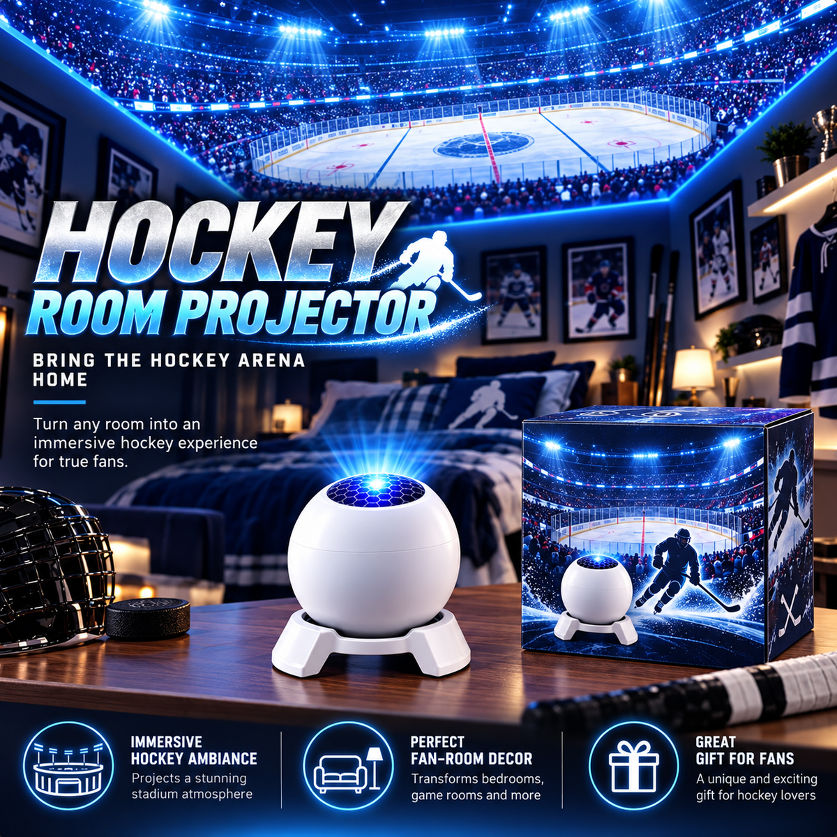 Hockey Arena Projector with blue hockey arena lighting across a fan bedroom ceiling