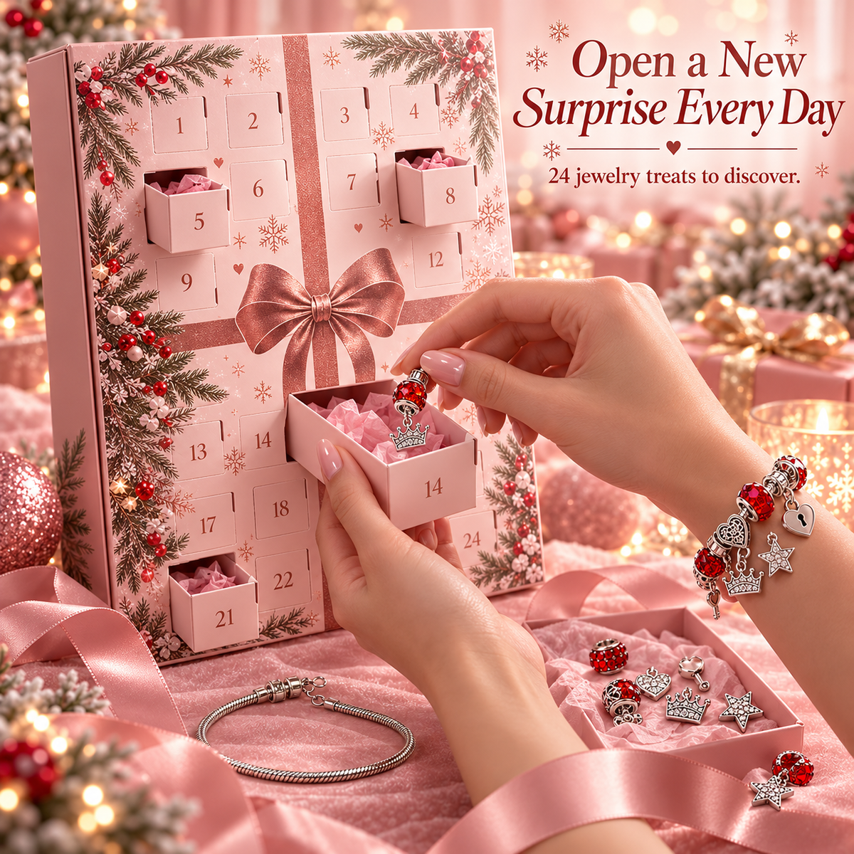 Woman opening a numbered drawer of a pink Christmas jewelry advent calendar and revealing a small charm surprise