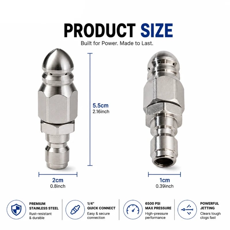 6500 PSI Stainless Steel Sewer Jetter Nozzle – 1/4' Quick Connect Drain Cleaning Attachment for Pressure Washers