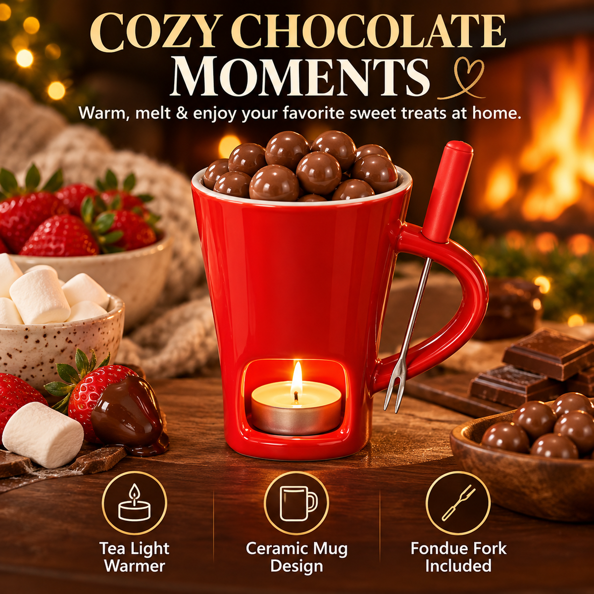 Red ceramic chocolate fondue mug with tea light candle compartment and dipping fork beside strawberries, marshmallows and chocolate in a cozy fireplace setting