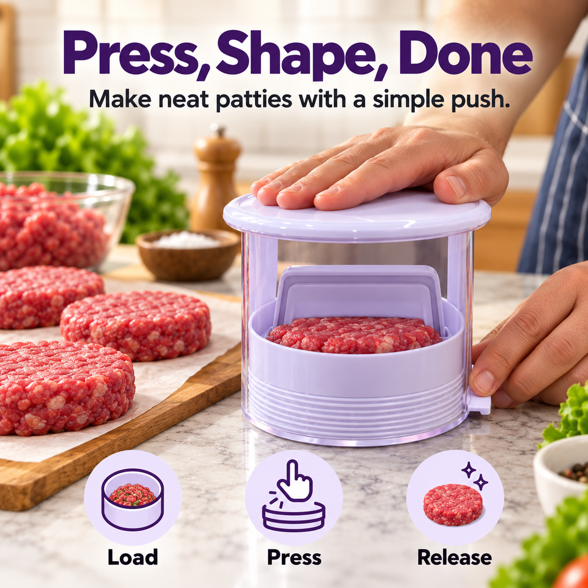 Mini Hamburger Patty Press, Easy Manual Burger Maker for Uniform Patties & Quick Kitchen Prep