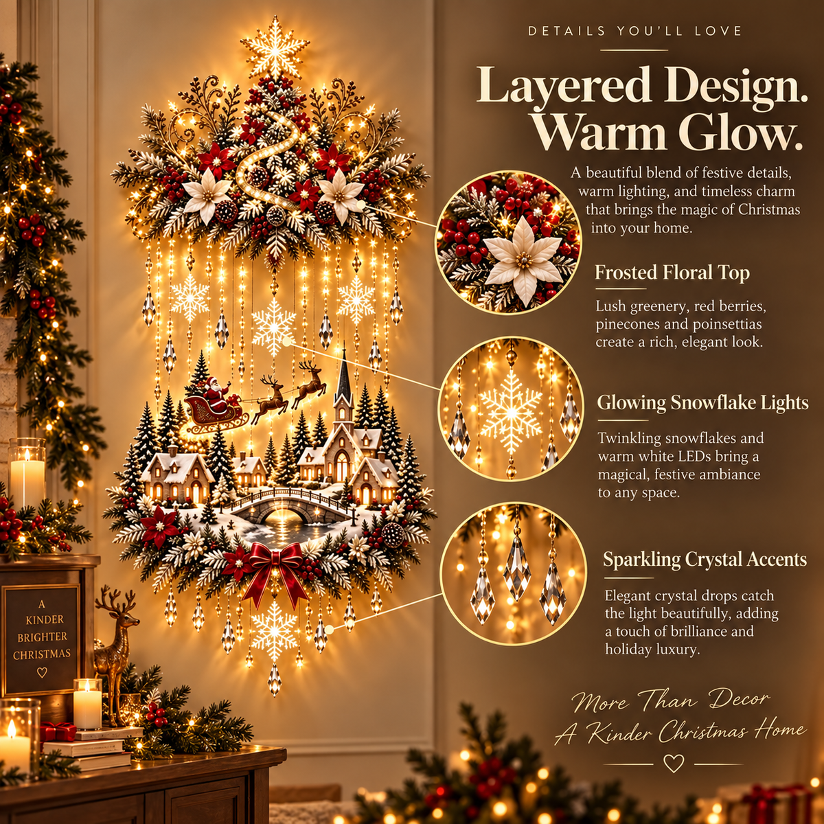 Lighted Christmas Wall Hanging Decor, Warm White LED Holiday Wall Decoration with Snowflakes, Santa Sleigh & Winter Village, Festive Christmas Home Decor for Living Room, Entryway & Fireplace