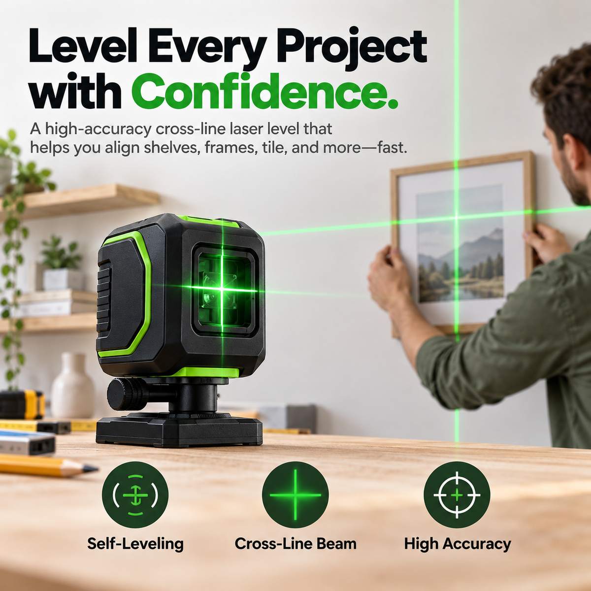 Cross-line laser level being used to align a framed picture on a wall