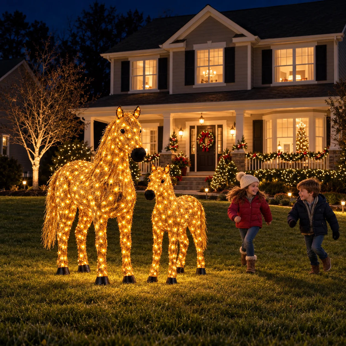 ✨🐎 Light-Up Christmas Horse & Foal Set – Warm White LED Holiday Display