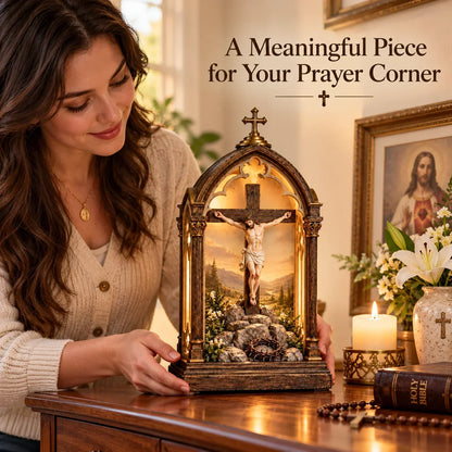 ✝️ Illuminated Calvary Devotional Shrine | Warm Christian Prayer Décor