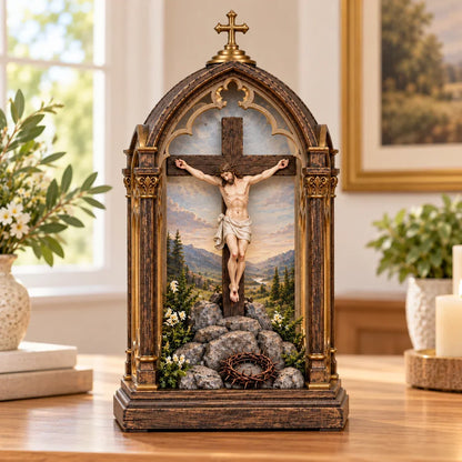 ✝️ Illuminated Calvary Devotional Shrine | Warm Christian Prayer Décor