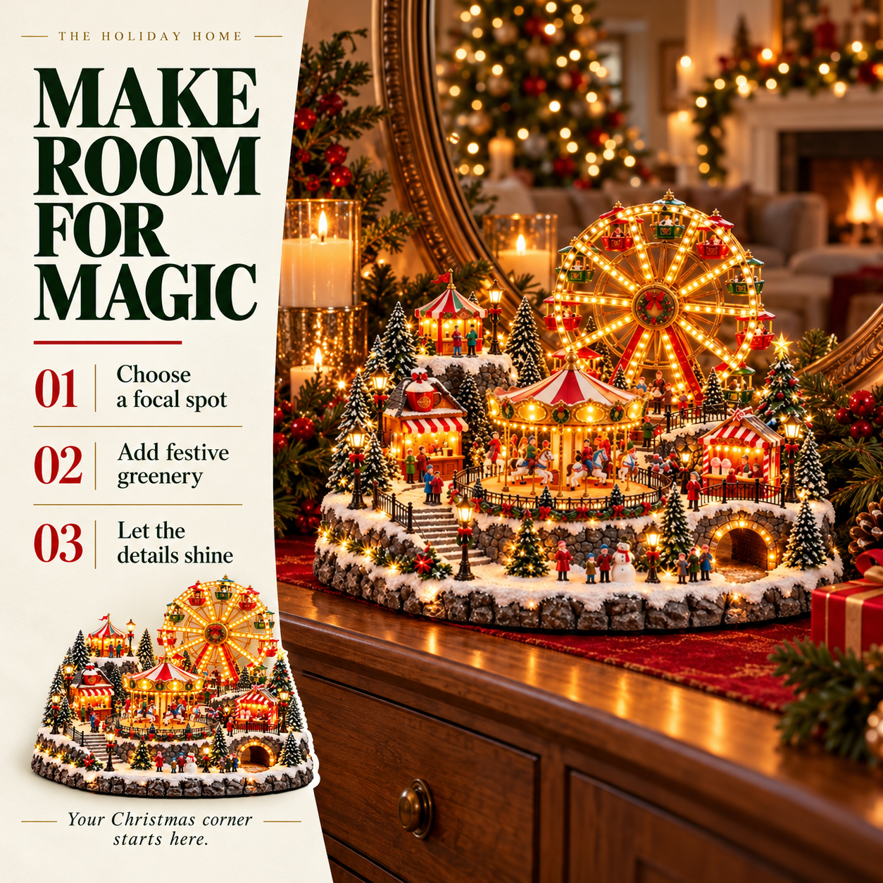 Christmas Wonderland Carnival on a festive sideboard with greenery and Make Room for Magic styling tips