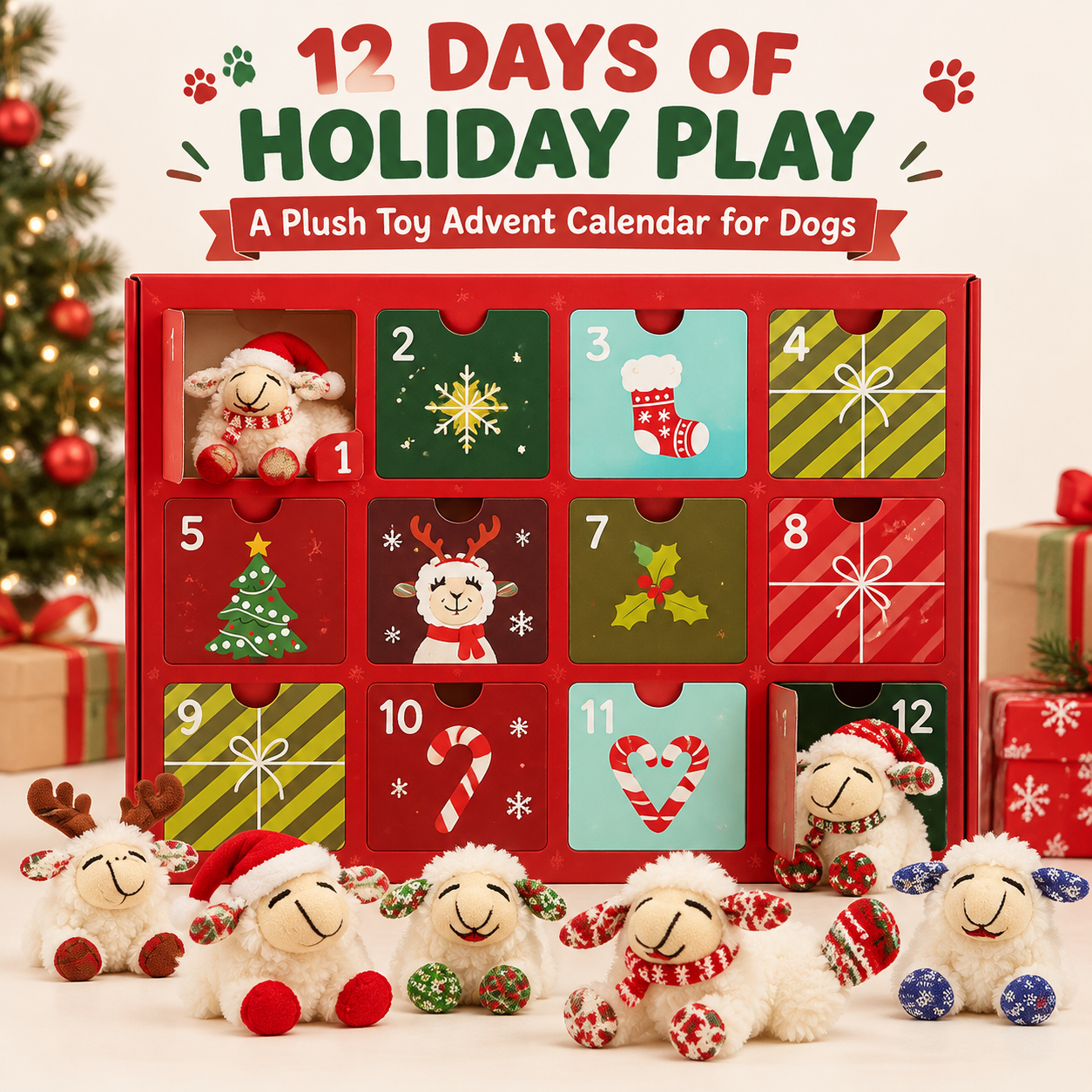Red 12-day dog advent calendar with numbered Christmas compartments and festive sheep-shaped plush toys
