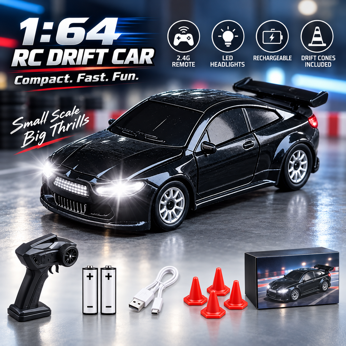1:64 mini remote control drift car with LED headlights controller batteries USB cable and traffic cones