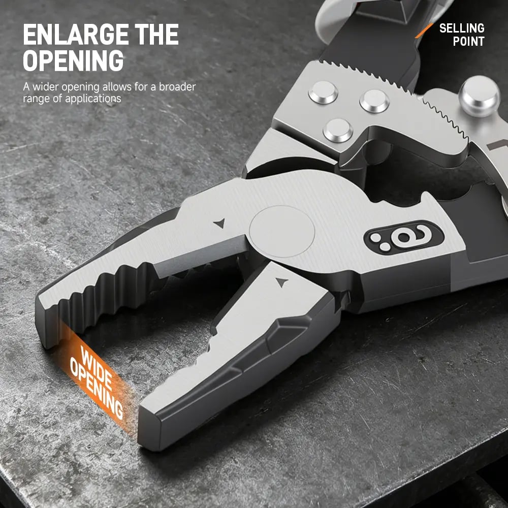 Open plier jaws showing the serrated gripping surfaces