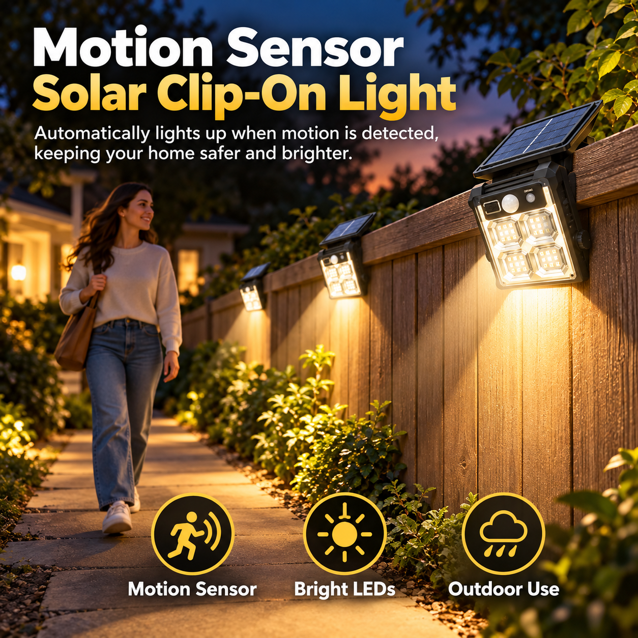 Fence-mounted SolarClip motion sensor lights illuminating a garden walkway after dark