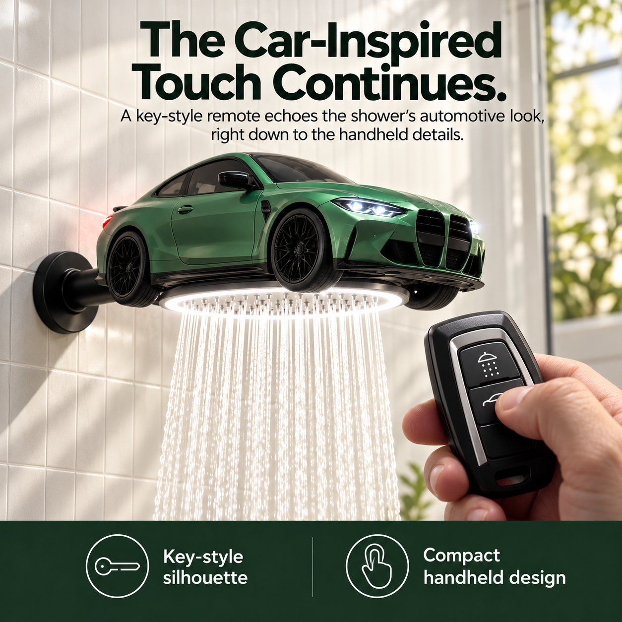 Car-shaped shower head with a compact automotive-style handheld remote