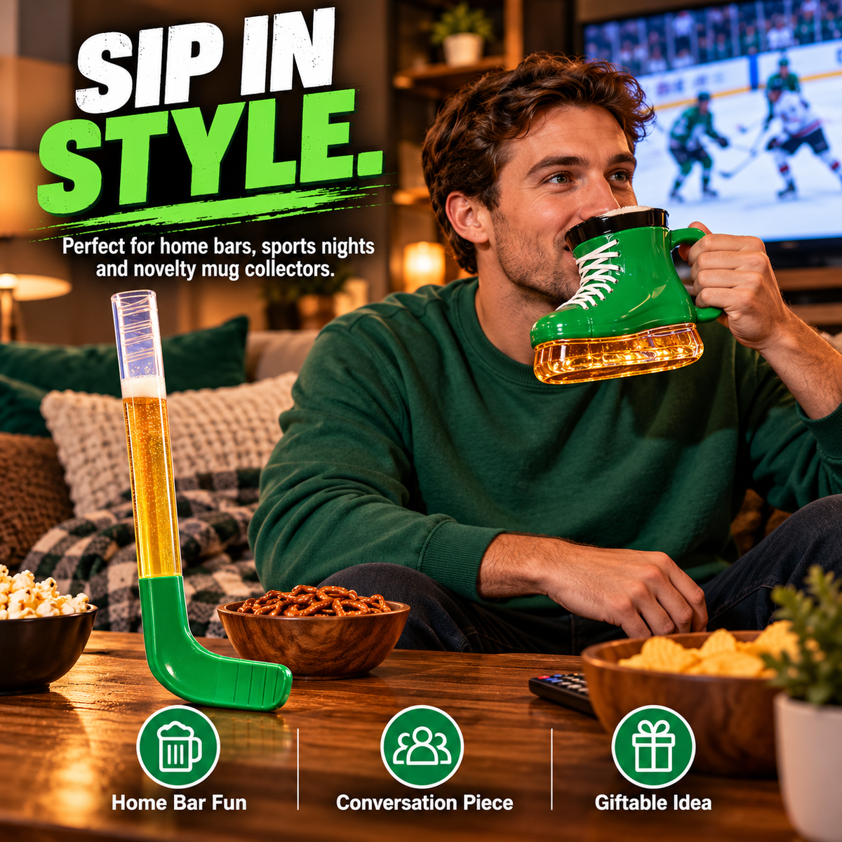 🍻 IceRink™ Hockey Skate Mug & Stick Set – Unique Game Day Drinkware Gift