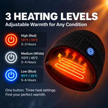Three heat settings and listed temperatures for heated beanie