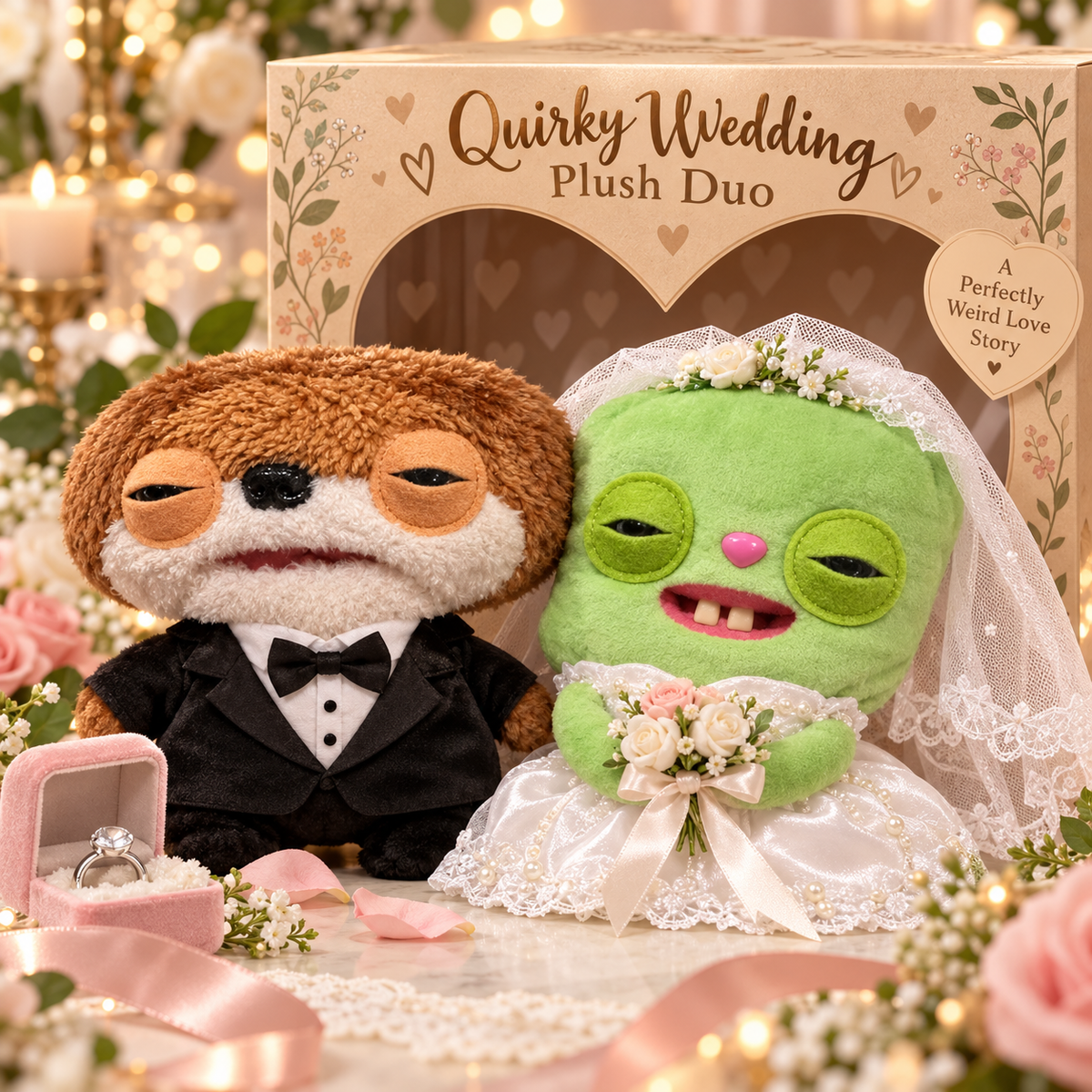 Funny wedding plush couple featuring a brown and cream groom in a black tuxedo and a bright green bride in a white wedding dress and veil, displayed beside a wedding-themed gift box
