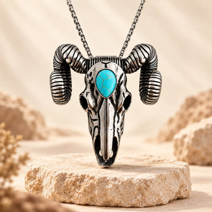Western Skull Pendant Necklace & Belt Clip, Ram Horn and Deer Designs, Silver & Gold Tone with Turquoise-Style Accent, Cowboy Statement Jewelry Gift