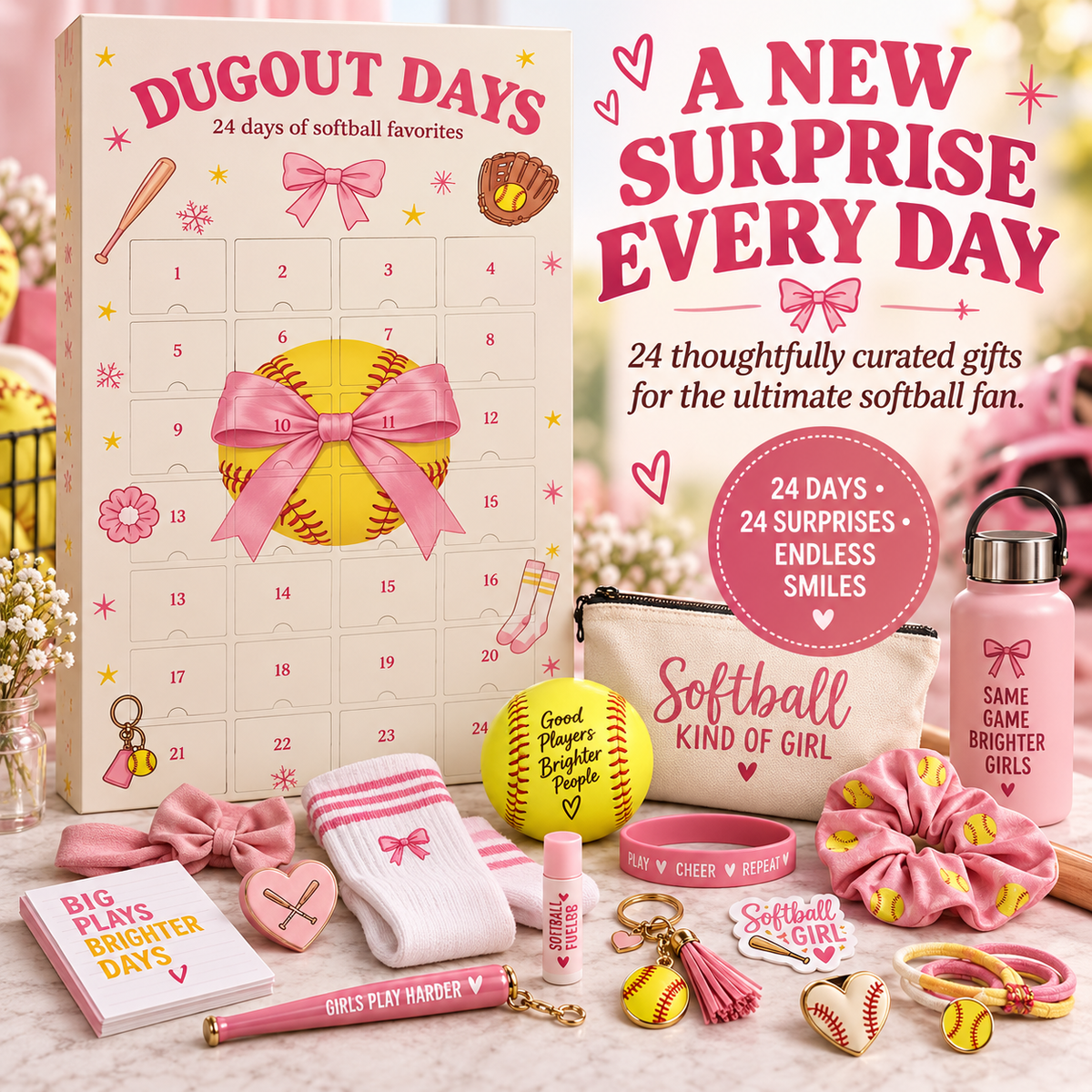 🎀 Dugout Dreams™ 24-Day Softball Advent Calendar – Christmas Surprises for Softball Girls