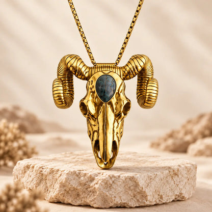 Western Skull Pendant Necklace & Belt Clip, Ram Horn and Deer Designs, Silver & Gold Tone with Turquoise-Style Accent, Cowboy Statement Jewelry Gift
