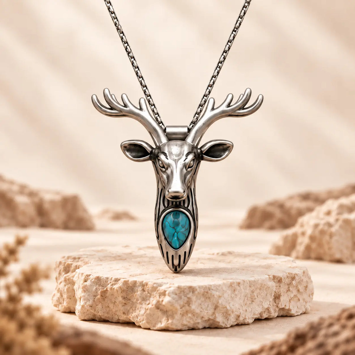 Western Skull Pendant Necklace & Belt Clip, Ram Horn and Deer Designs, Silver & Gold Tone with Turquoise-Style Accent, Cowboy Statement Jewelry Gift