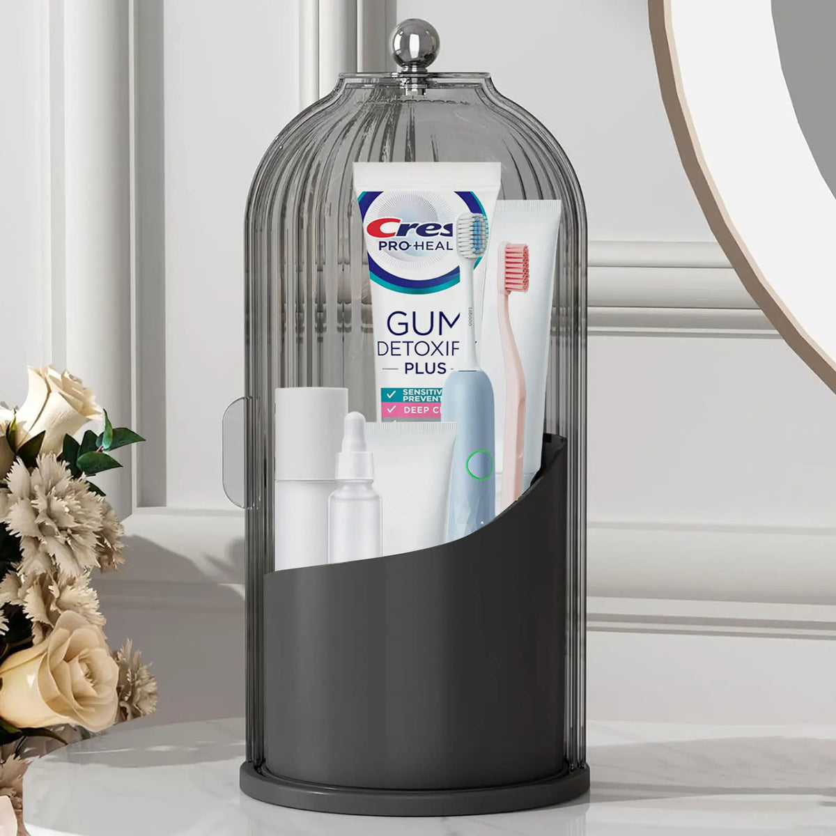 Modern Durable Toothbrush Holder with Cover - 360-Rotating Compact Transparent Door Lid Organizer for Vanity Bathroom Countertop Storage, 1 Count Rotating Box