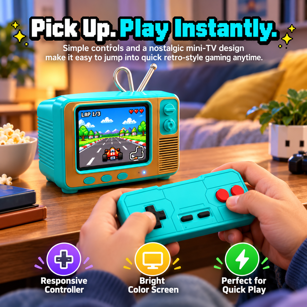 Matching controller being held while the mini retro console displays a colorful game