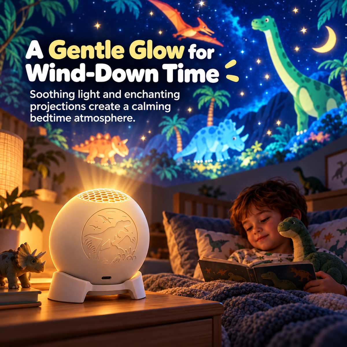 Child enjoying a dinosaur bedtime book beside the dinosaur night light projector