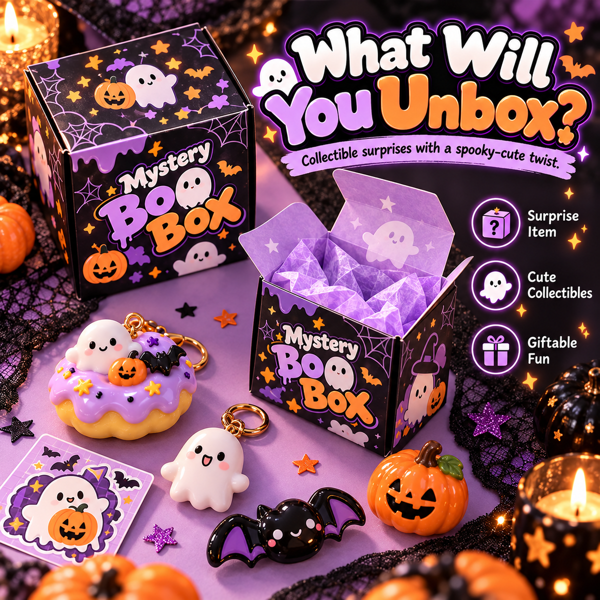 Assorted Halloween miniature collectible designs including a cute ghost, pumpkin, black bat and purple donut charm