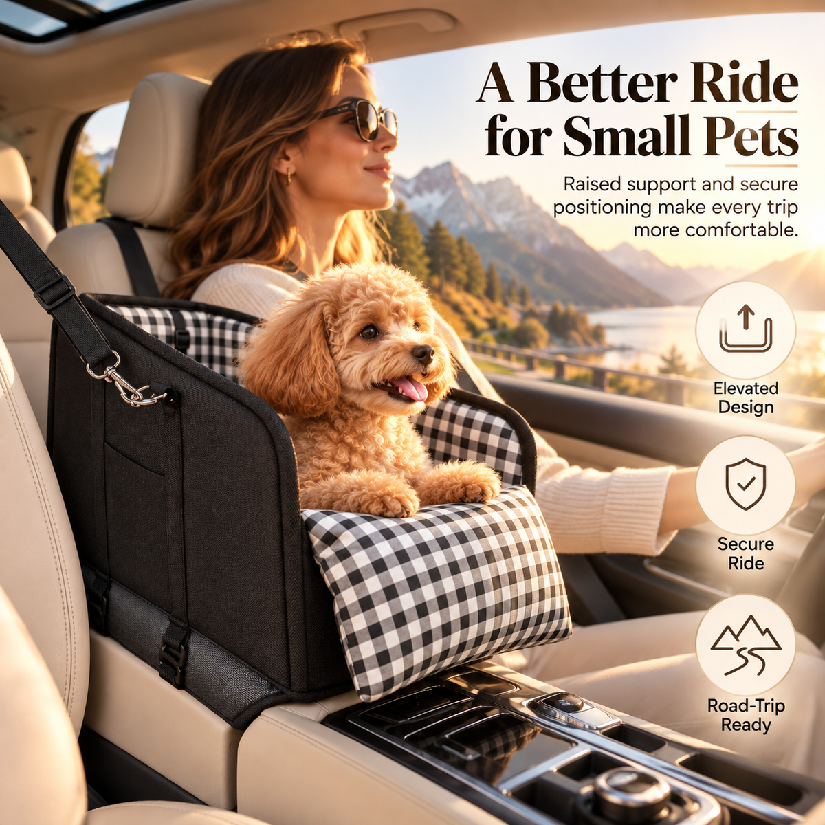 Small fluffy dog enjoying a plush gingham pet console perch inside a vehicle with a scenic mountain view outside