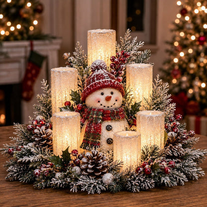 🎄 Lighted Christmas Snowman Centerpiece – Warm LED Candle Glow for Cozy Holiday Decor ✨