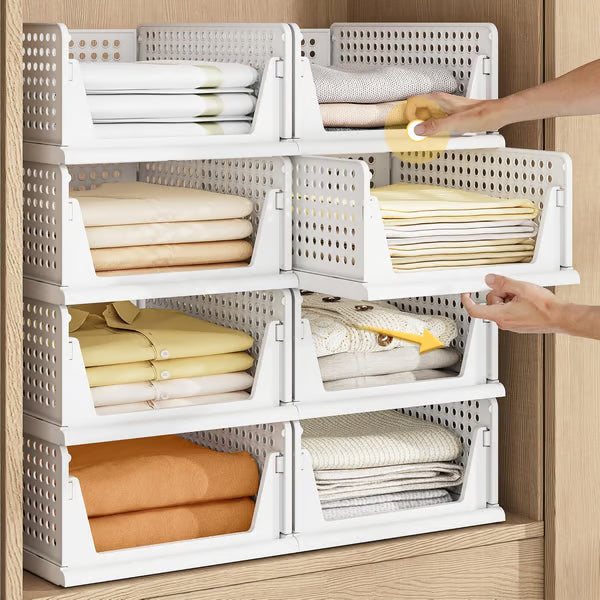 Pinkpum 4 Pack Stackable Plastic Storage Closet Organizers and Storage Bins Drawer Shelf Storage Container for Wardrobe Cupboard Kitchen Bathroom Office White